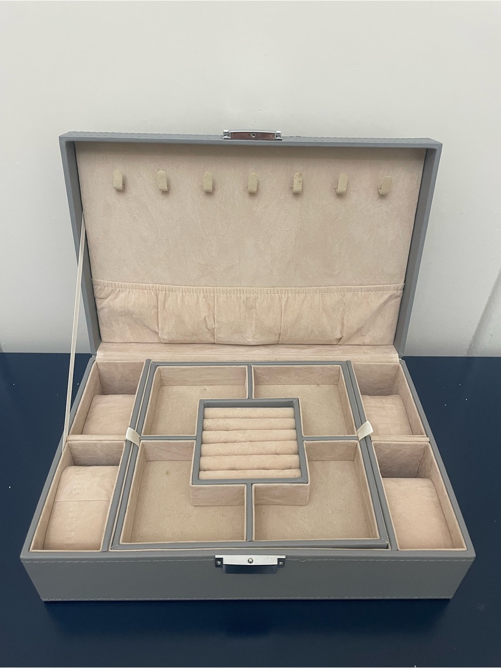 Gray Jewelry Organizer Box with Beige Suede Interior